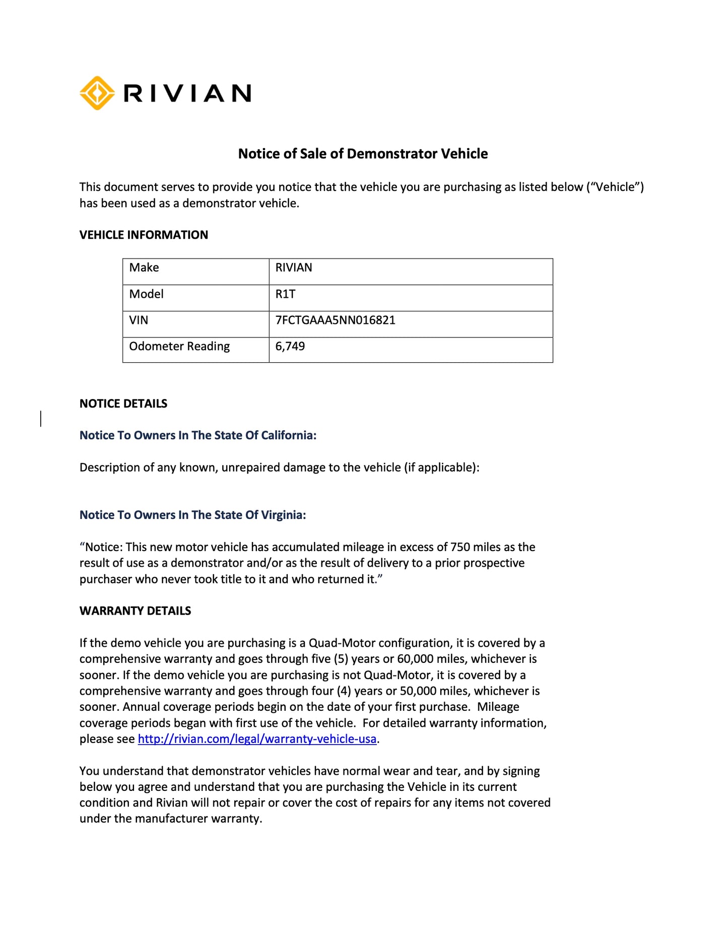 2022 Rivian R1T - 6,749 miles - $63,700
